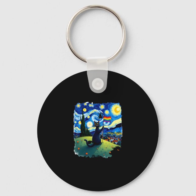 Gay Pride Cat Art Cat Starry Night Style LGBTQ Pri Key Ring (Front)