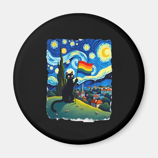 Gay Pride Cat Art Cat Starry Night Style LGBTQ Pri Magnet (Front)