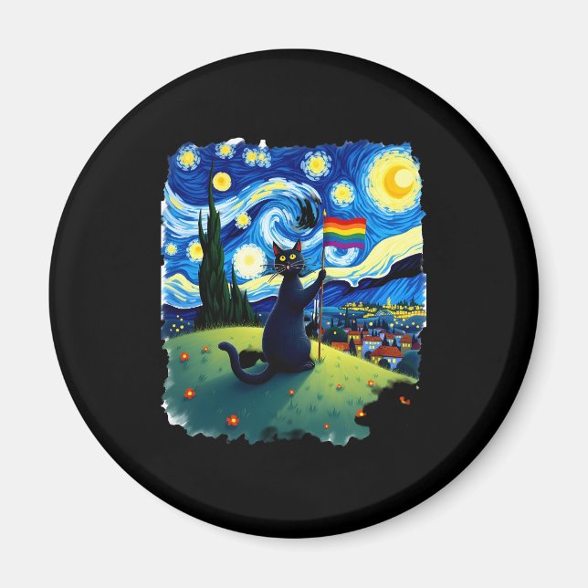 Gay Pride Cat Art Cat Starry Night Style LGBTQ Pri Magnet (Front)