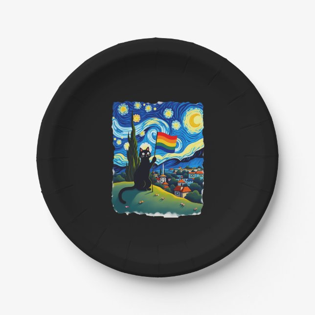 Gay Pride Cat Art Cat Starry Night Style LGBTQ Pri Paper Plate (Front)
