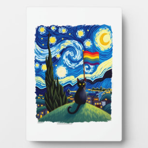 Gay Pride Cat Art Cat Starry Night Style LGBTQ Pri Plaque