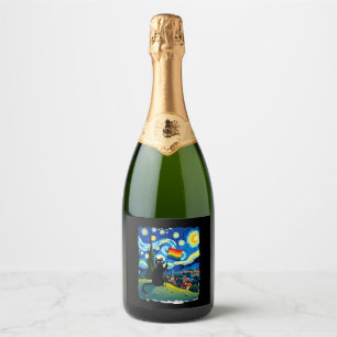 Gay Pride Cat Art Cat Starry Night Style LGBTQ Pri Sparkling Wine Label