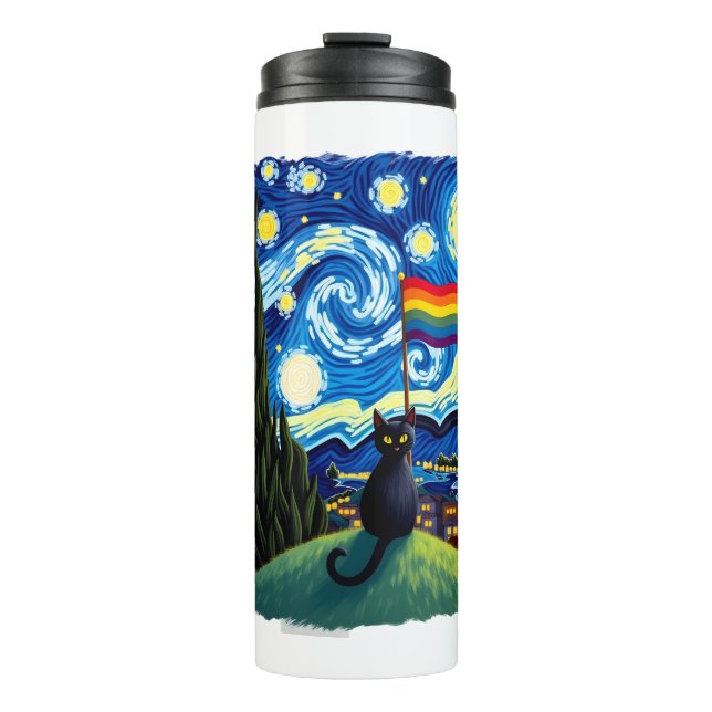 Gay Pride Cat Art Cat Starry Night Style LGBTQ Pri Thermal Tumbler (Front)
