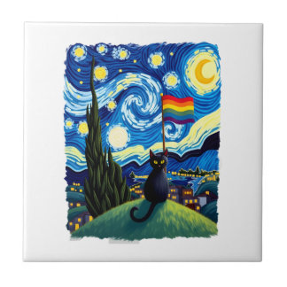 Gay Pride Cat Art Cat Starry Night Style LGBTQ Pri Tile