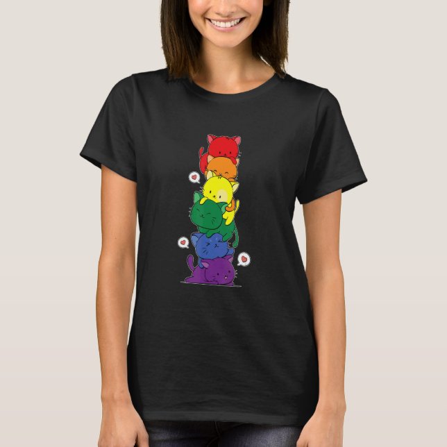 Gay Pride Cat Lgbt Cats Pile Cute Rainbow Flag T-Shirt (Front)