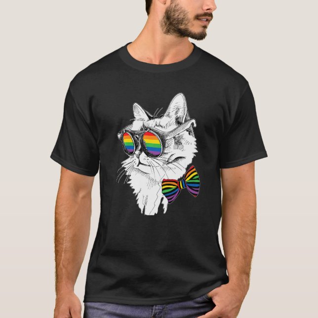 Gay Pride Cat Sunglasses LGBT Bisexual Gay Lesbian T-Shirt (Front)