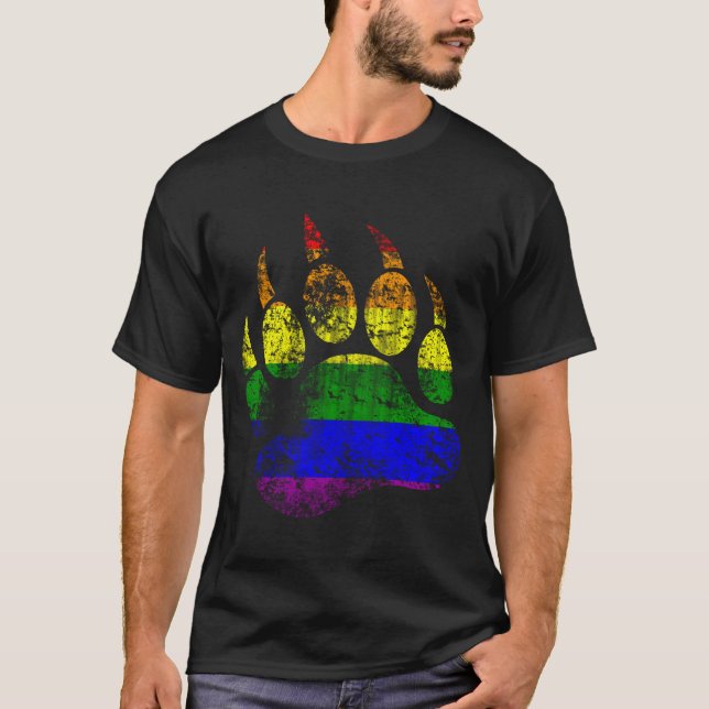 Gay Pride Colours Distressed Bear Paw Rainbow Flag T-Shirt (Front)
