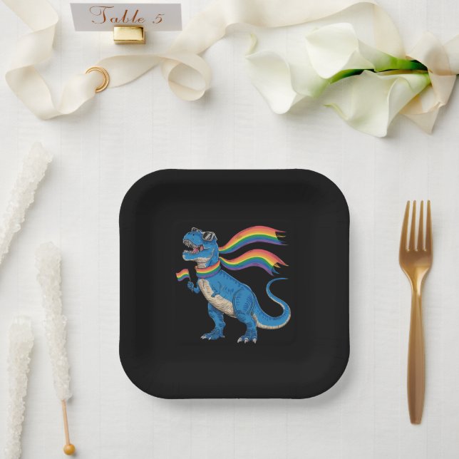 Gay Pride Dino Trex Rainbow Flag Lgbt Ally  Paper Plate (Wedding)