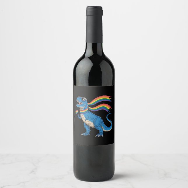 Gay Pride Dino Trex Rainbow Flag Lgbt Ally  Wine Label (Front)