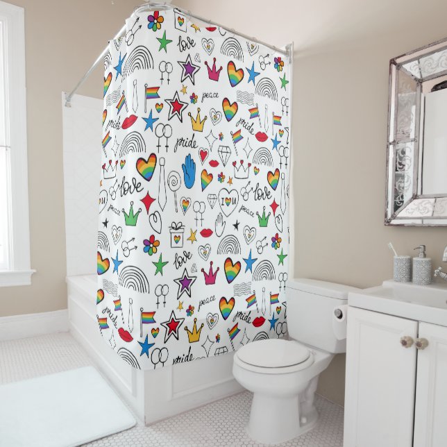 Gay Pride Doodle Pattern Shower Curtain (In Situ)