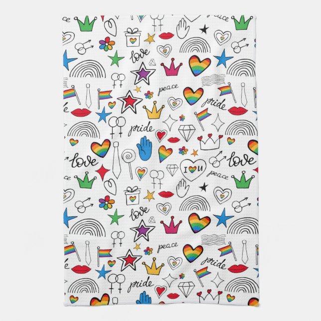 Gay Pride Doodle Pattern Tea Towel (Vertical)