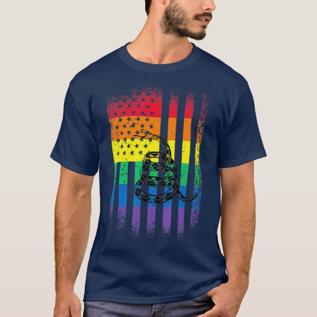 Gay pride flag with Gadsden Flag Snake T-Shirt (Front)