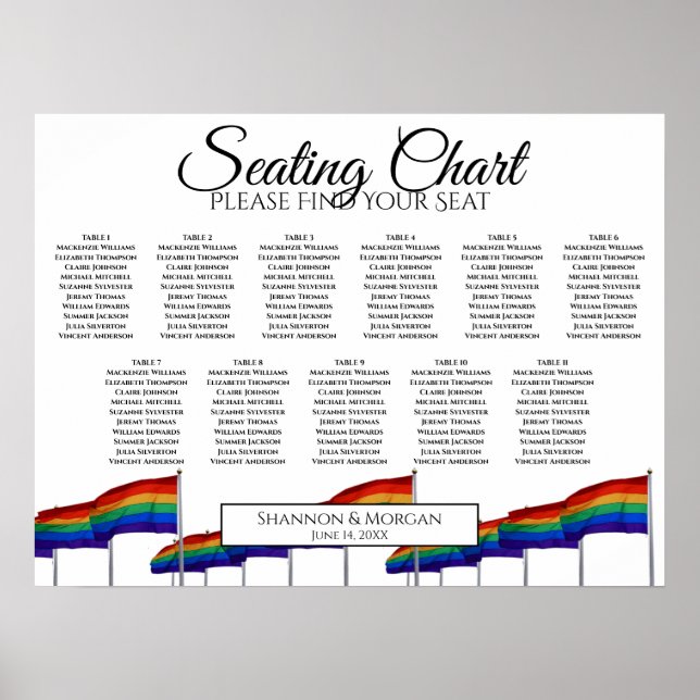 Gay Pride Flags 11 Table Wedding Seating Chart (Front)