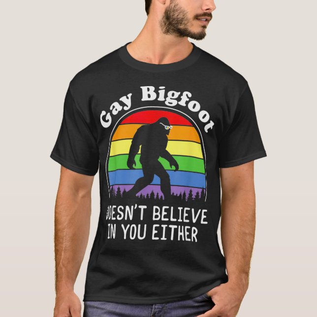 Gay Pride Funny Gay Bigfoot Rainbow Sasquatch Retr T-Shirt (Front)