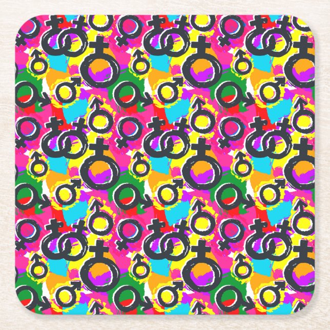 Gay Pride Gender Neon Pattern Square Paper Coaster (Front)