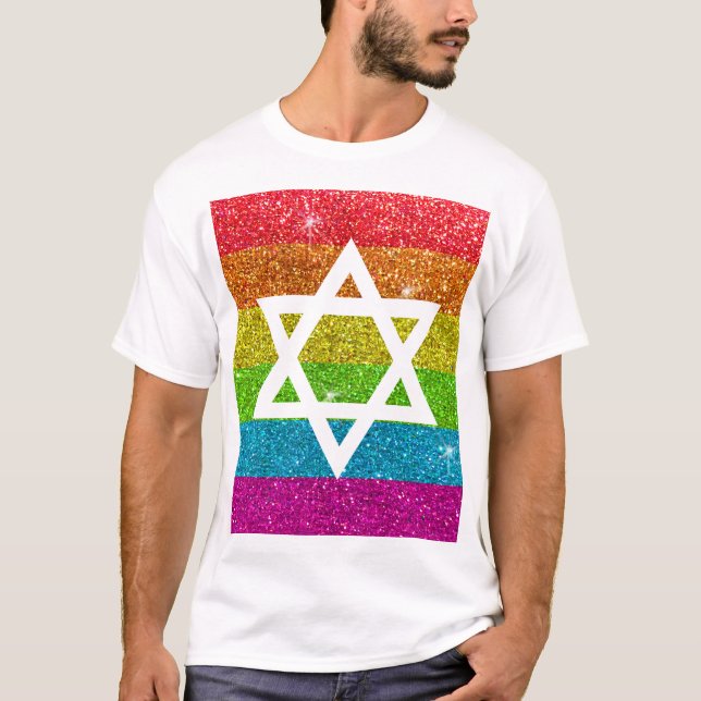 Gay Pride Glitter LGBTQIA Jewish Star of David T-Shirt (Front)
