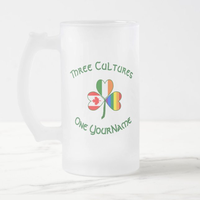 Gay Pride Irish Canadian Flag Shamrock Personalise Frosted Glass Beer Mug (Left)