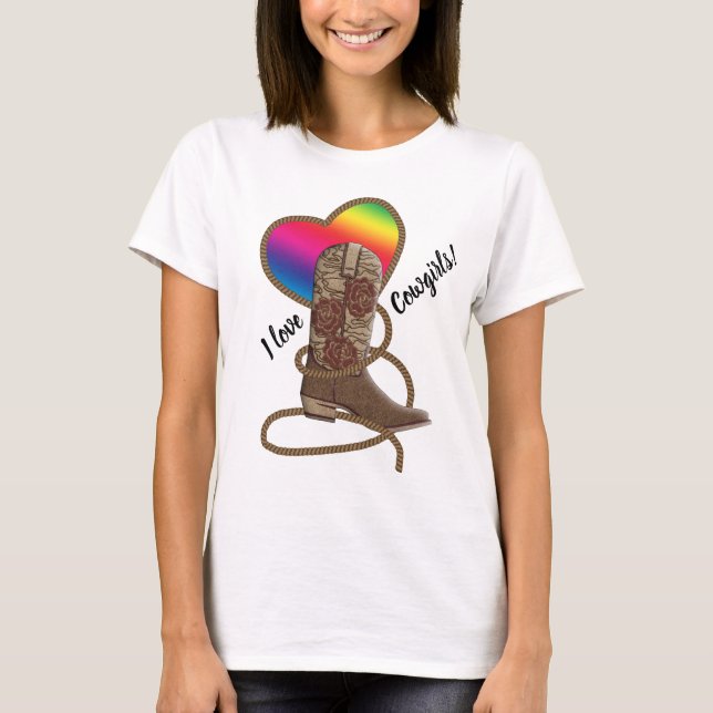 Gay Pride Lesbian I Love Cowgirls Rainbow Heart T-Shirt (Front)