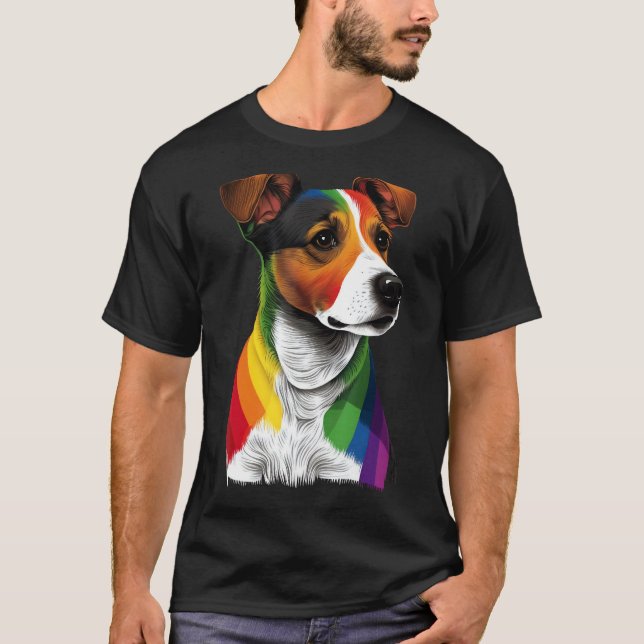 Gay Pride LGBT Rainbow Flag on Jack Russell Terrie T-Shirt (Front)