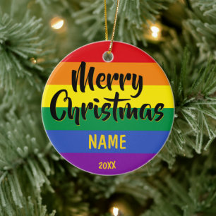 Gay Pride LGBT Rainbow Personalised Christmas Cera Ceramic Tree Decoration