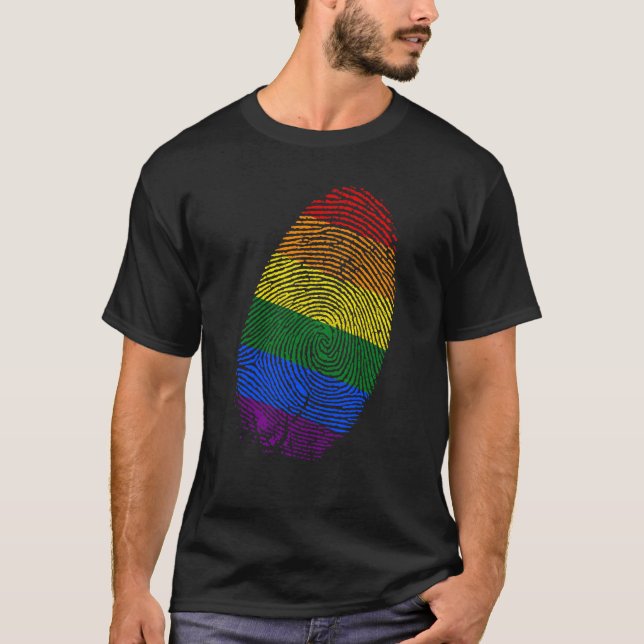 Gay Pride Month Rainbow Flag Fingerprint Queer Les T-Shirt (Front)