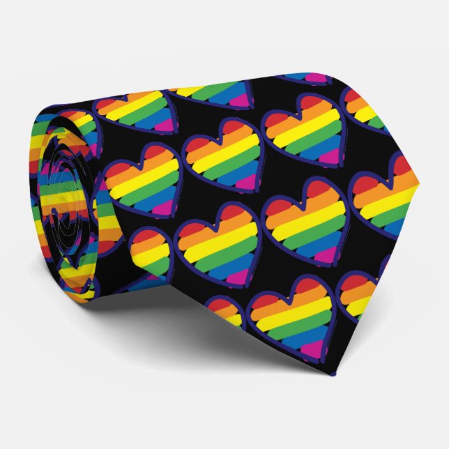 Gay Pride Rainbow Flag Hearts Tie (Rolled)