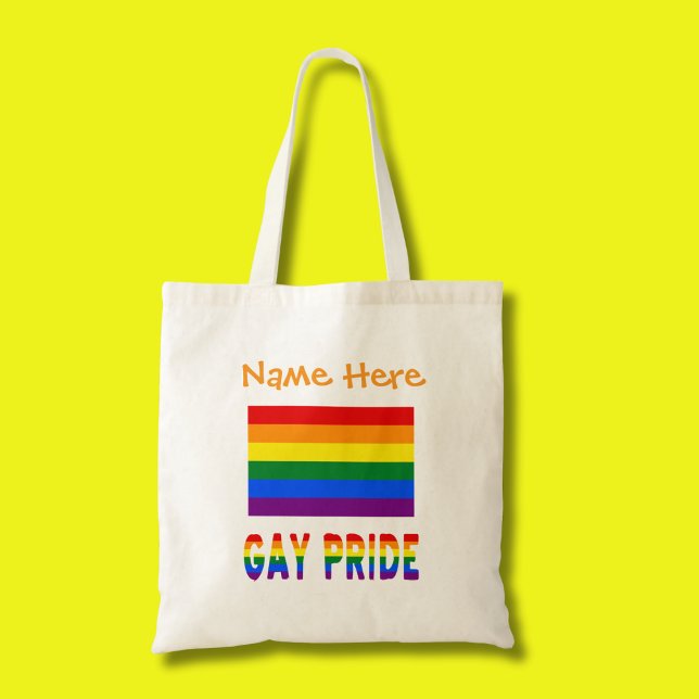 Gay Pride Rainbow Flag Orange Personalisation  Tote Bag (Tote bag has the Gay Pride Rainbow Flag with words below, GAY PRIDE. Add a name above.)
