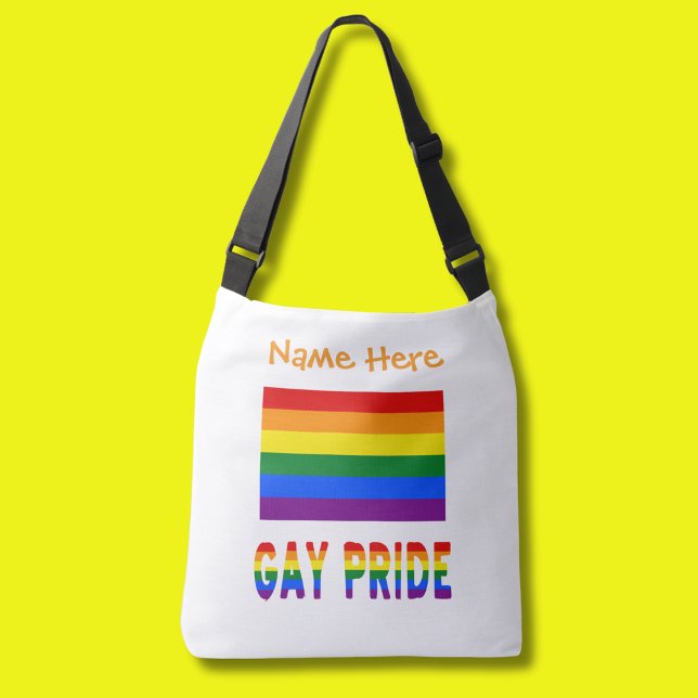 Gay Pride Rainbow Flag Orange Personalised  Crossbody Bag (Crossbody bag with Gay Pride Rainbow Flag and the words GAY PRIDE below. Above add a name in orange )