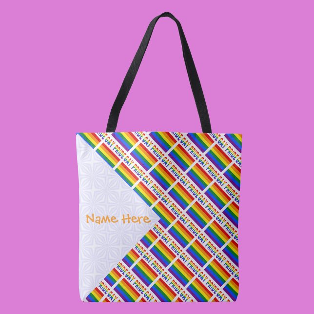 Gay Pride Rainbow Flag Tiled Orange Personalised Tote Bag (Tote bag has tiled Gay Pride Rainbow flag with words GAY PRIDE below. White space to add a name.)
