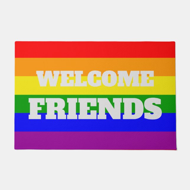 Gay Pride Rainbow flag Welcome Friends Doormat (Front)