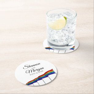 Gay Pride Rainbow Flags LGBTQ Wedding Round Paper Coaster