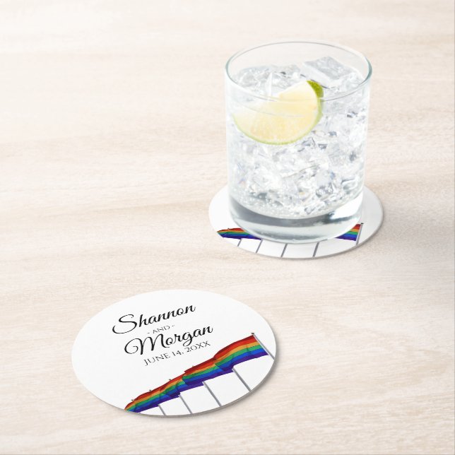 Gay Pride Rainbow Flags LGBTQ Wedding Round Paper Coaster (Insitu)