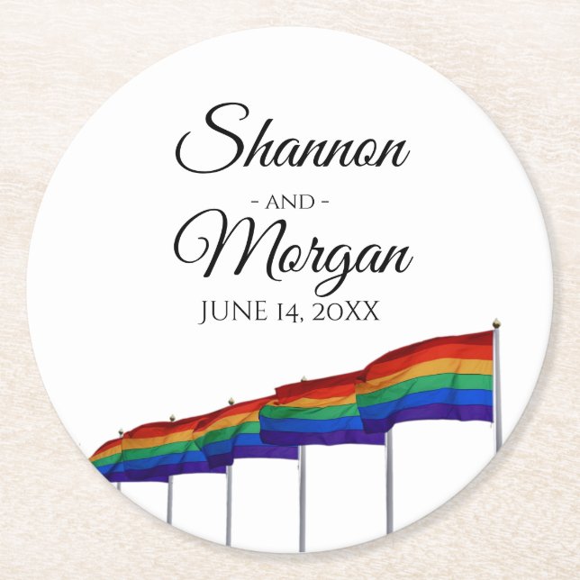 Gay Pride Rainbow Flags LGBTQ Wedding Round Paper Coaster (Front)