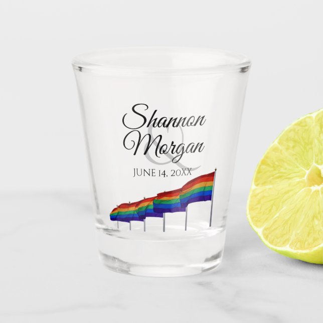 Gay Pride Rainbow Flags Wedding Shot Glass (Front)