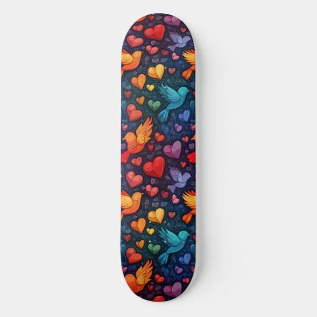 Gay Pride Rainbow Hearts Doves LGBTQ+ Skateboard (Front)
