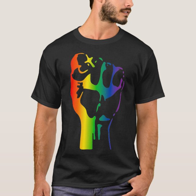 Gay Pride Rainbow Raised Fist Resistant LGBTQ Prid T-Shirt (Front)