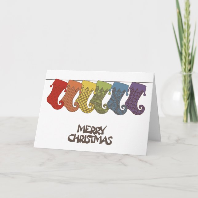 Gay Pride Rainbow Retro Christmas Stockings Holiday Card (Front)