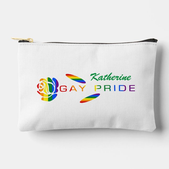 Gay Pride Rose Rainbow Flag Personalised Name Accessory Pouch (Front)
