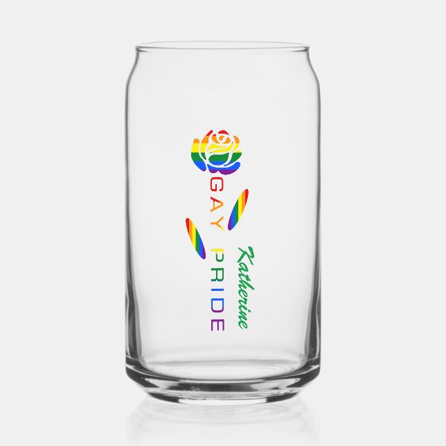 Gay Pride Rose Rainbow Flag Personalised Name Can Glass (Front)