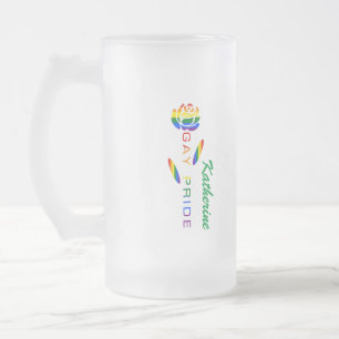 Gay Pride Rose Rainbow Flag Personalised Name Frosted Glass Beer Mug