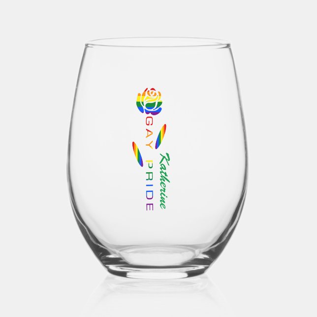 Gay Pride Rose Rainbow Flag Personalised Name Stemless Wine Glass (Front)