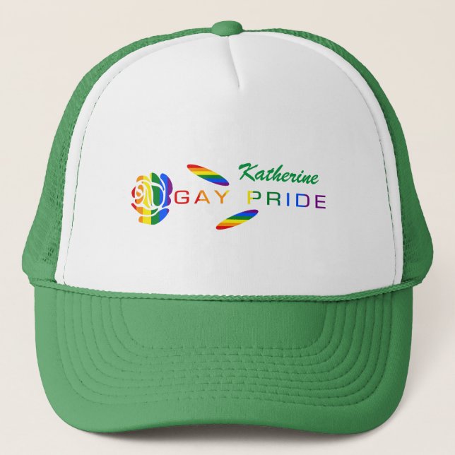 Gay Pride Rose Rainbow Flag Personalised Name Trucker Hat (Front)