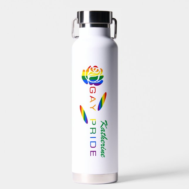 Gay Pride Rose Rainbow Flag Personalised Name Water Bottle (Front)
