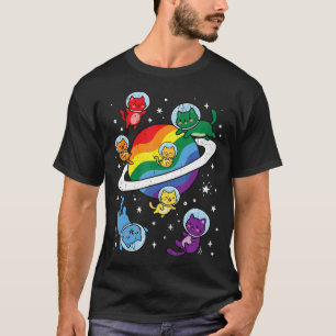 Gay Pride Space Cat Kitty Meow Rainbow Flag Lgbtq T-Shirt