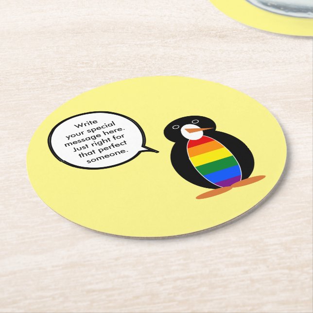 Gay Pride Talking Ms Penguin Personalised  Round Paper Coaster (Angled)