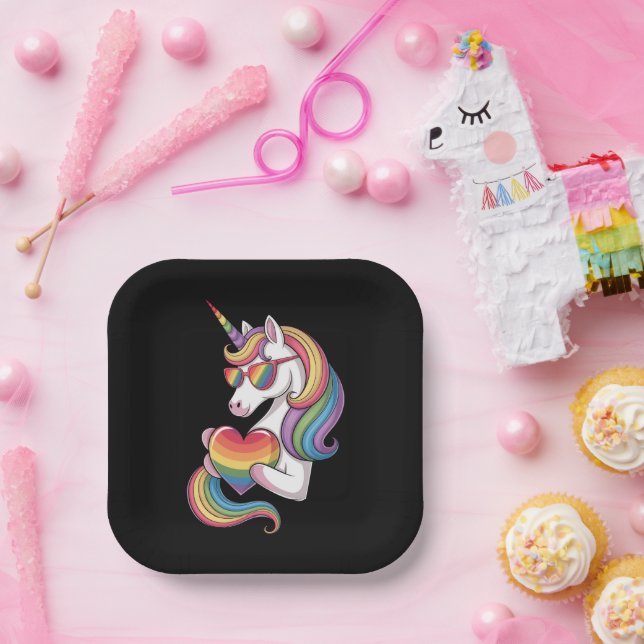 Gay Pride Unicorn Heart Rainbow Flag LGBT  Paper Plate (Party)