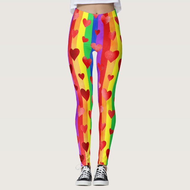 Gay Pride Valentine Hearts & Rainbow Stripes Leggings (Front)