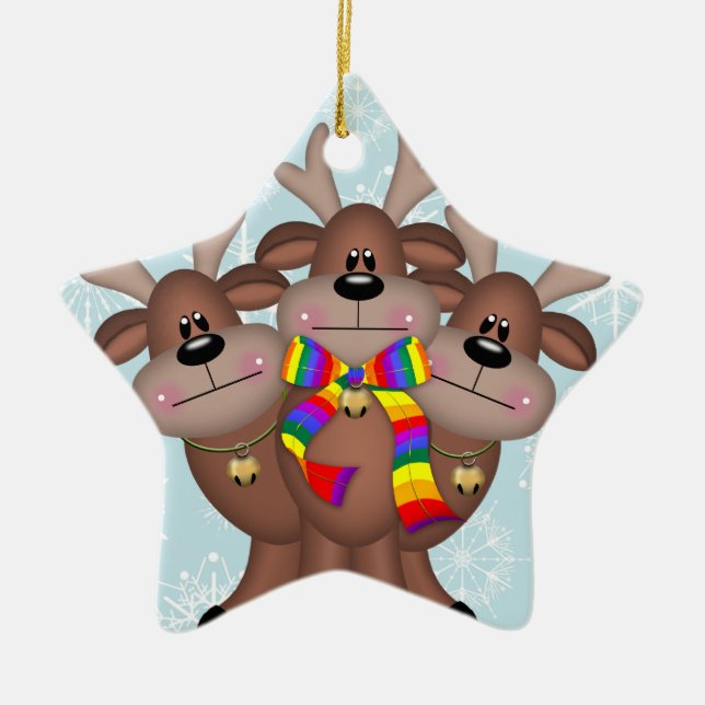 Gay Pride Whimsical Christmas Reindeer Ceramic Tree Decoration (Front)
