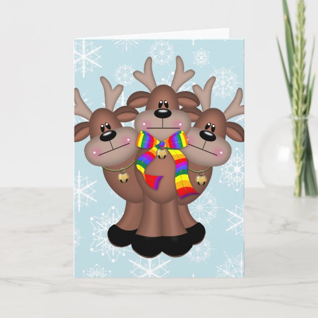 Gay Pride Whimsical Christmas Reindeer Holiday Card (Front)