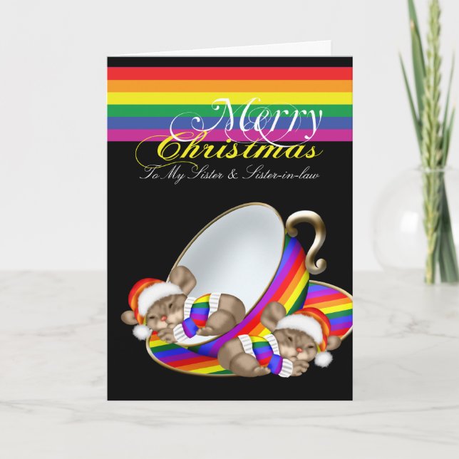 Gay Pride Whimsical Christmas Teacup Mice Holiday Card (Front)